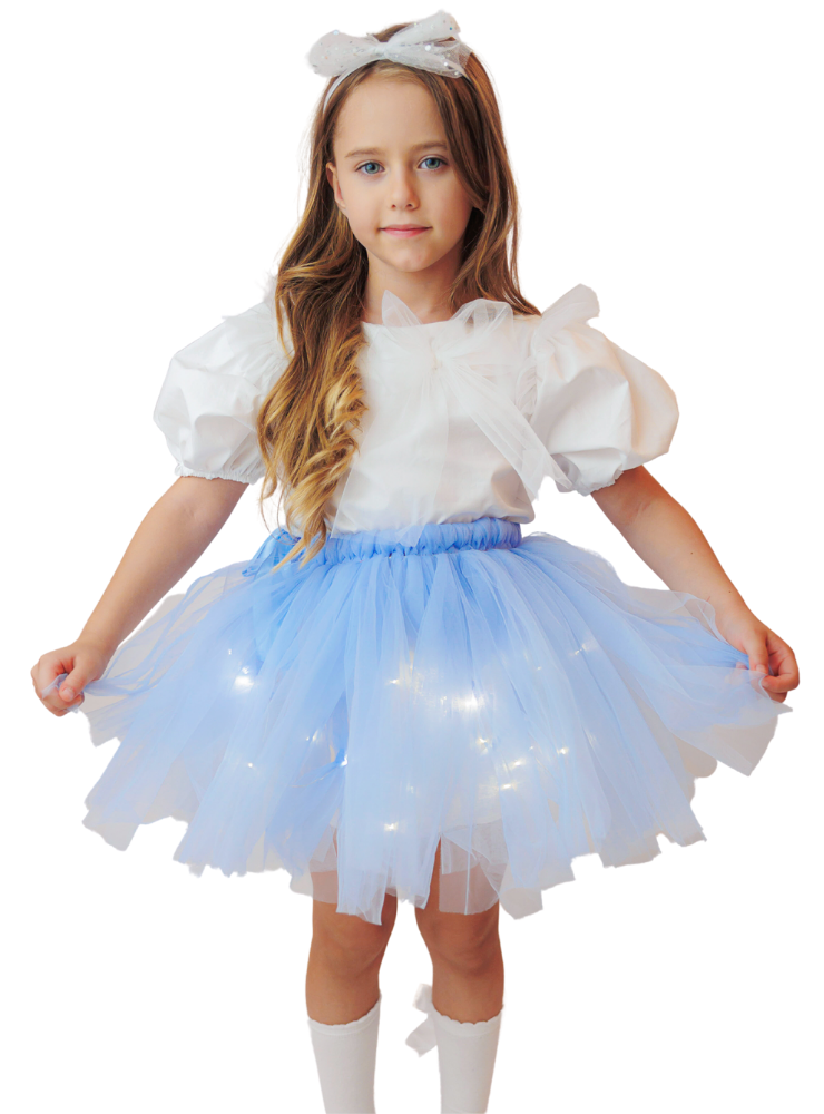 Costum Elsa, Fustiță cu Luminițe Bleu + Bluziță Bumbac Albă