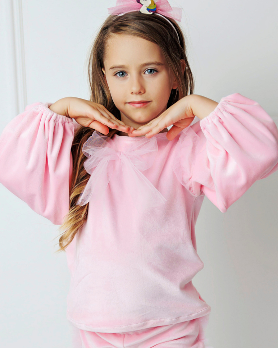 Bluzița Roz, de Catifea de Craciun cu Mânecă Bufantă