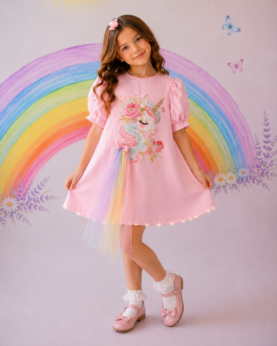 Rochița Unicorn cu tulle Curcubeu si Luminite