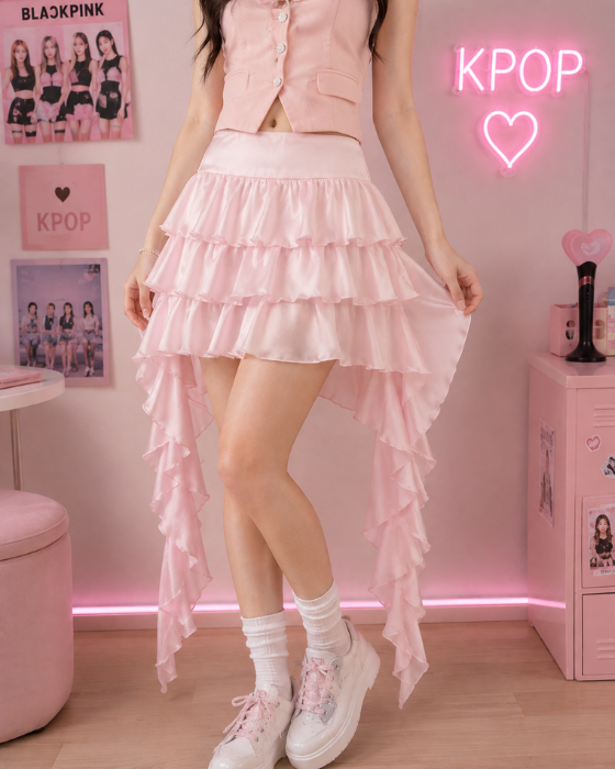 Fustă K-POP cu volane Roz
