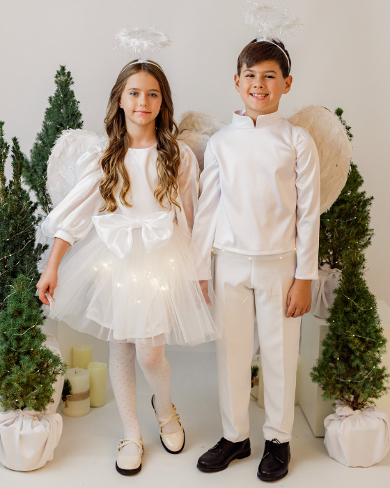 Costum Alb Baiat, Inger, 4 piese(bluza tunica, pantalon, aripi, aura)