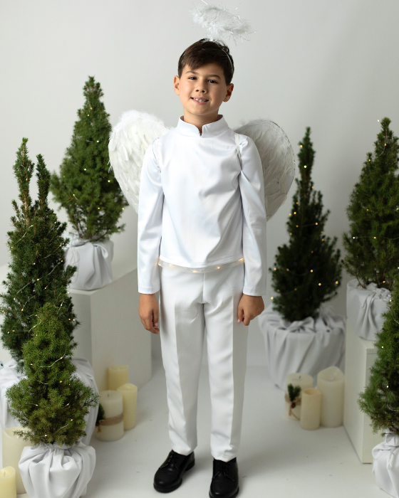 Costum Alb Baiat, Inger, 4 piese(bluza tunica, pantalon, aripi, aura)