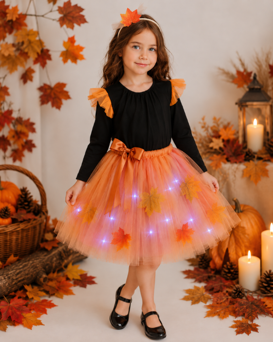 Costum 3 Piese, Magia Toamnei, cu luminite, fustita + body + bentita