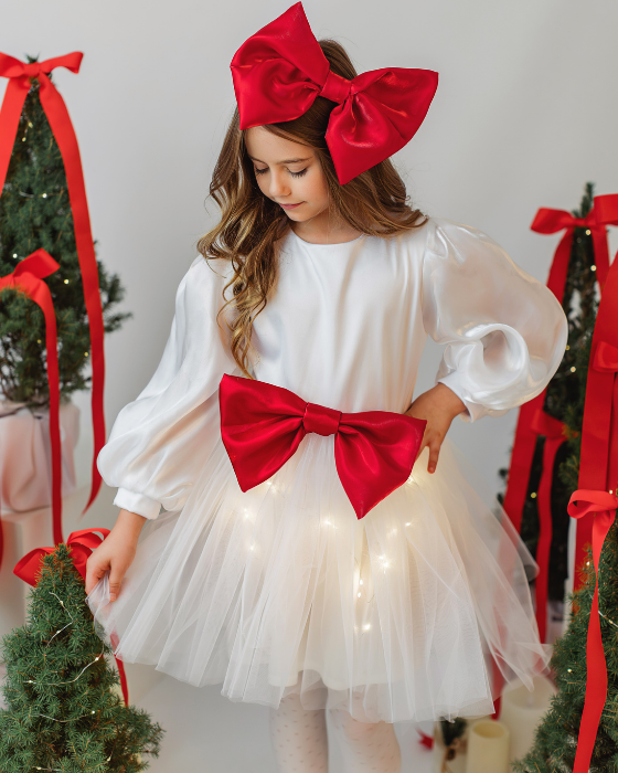 Compleu de Crăciun: Rochita cu Luminite Alba + Bentita cu fundita Rosie minunat