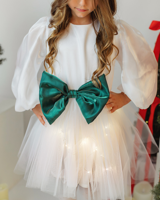 Rochita cu Luminite Alba cu fundita Verde, Bucuria de Craciun cu brad