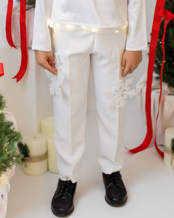 Costum 3 Piese, Alb, fulg de nea, pantaloni + bluza + coroana