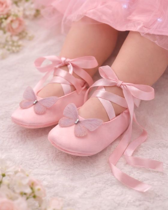 Pantofiori de Botez cu Fluturasi, Roz