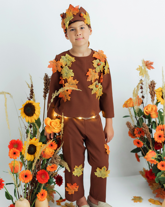 Costum Complet Regele Toamnei, 3 piese, Maro cu Frunze
