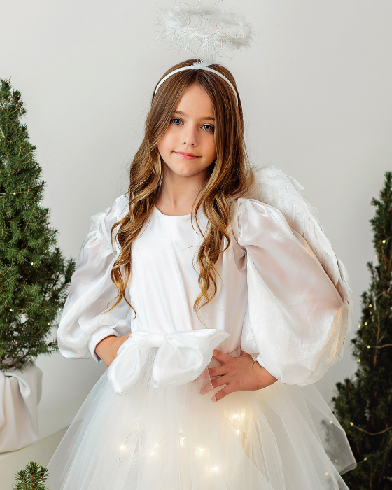 Costum de Inger Complet , Rochita cu Luminite, Aripi, Aura pentru Serbare Craciun, fetite