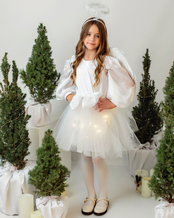 Costum de Inger Complet , Rochita cu Luminite, Aripi, Aura pentru Serbare Craciun, fetite