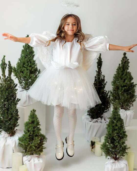 Costum de Inger Complet , Rochita cu Luminite, Aripi, Aura pentru Serbare Craciun, fetite