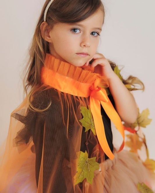 Tulle Cape, Orange with Brown Leaves, Autumn Fairy