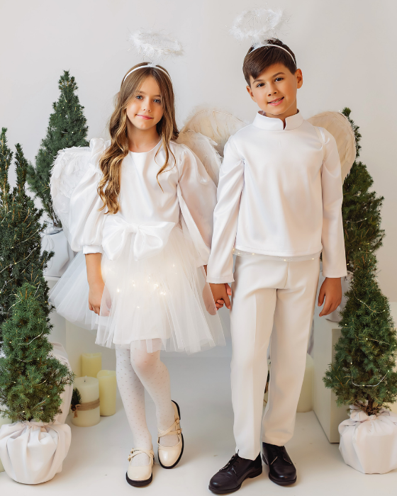 Costum Alb Baiat, Inger, 4 piese(bluza tunica, pantalon, aripi, aura)