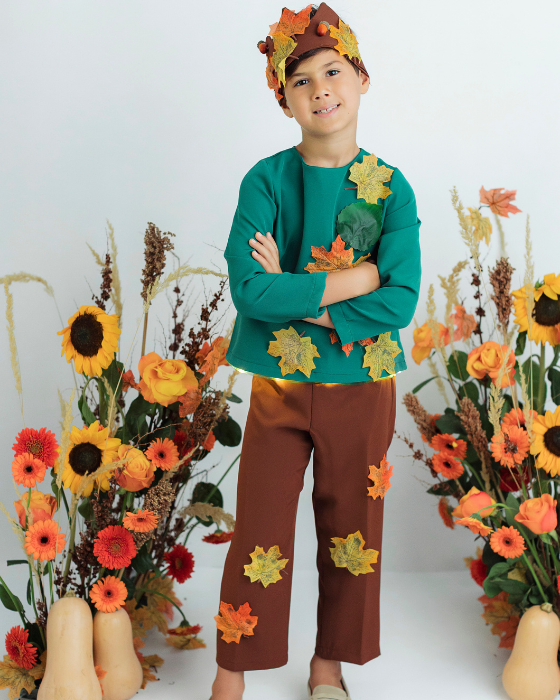 Costum Complet Regele Toamnei, 3 piese, Cu Frunze Verde - Maro