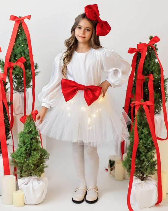 Rochita cu Luminite Alba cu fundita Rosie, de Craciun