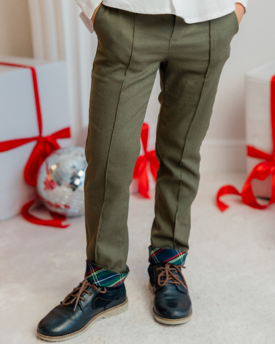 Pantaloni verzi de in cu manșeta verde, de Craciun pentru baieți