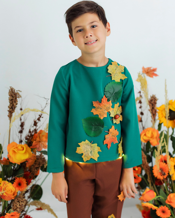 Costum Complet Regele Toamnei, 3 piese, Cu Frunze Verde - Maro