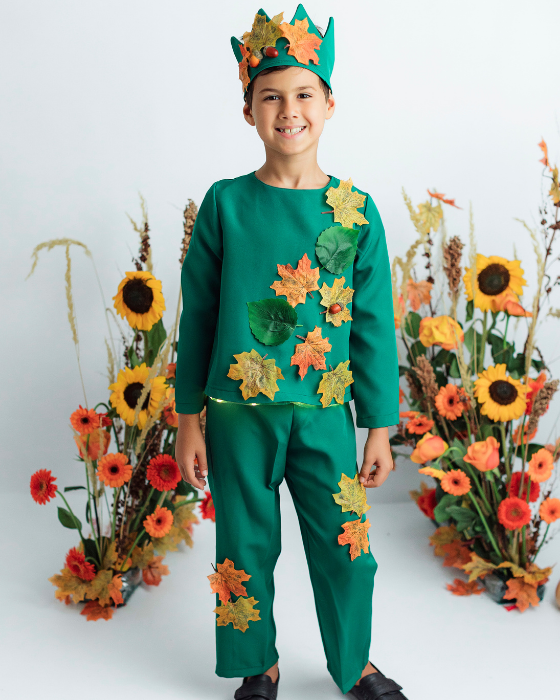 Costum Complet Regele Toamnei, 3 piese, Verde cu Frunze