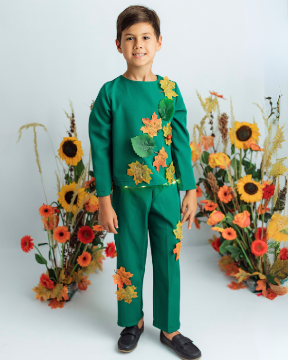 Costum Complet Regele Toamnei, 3 piese, Verde cu Frunze