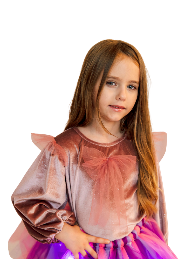 Bluzița de Catifea cu Sclipici ROZcu Mânecă Bufantă