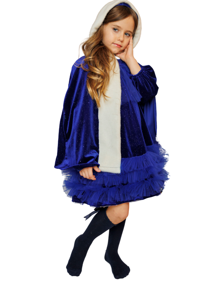Compleu Rochiță+Pelerină, Albastru Regal, de Craciun