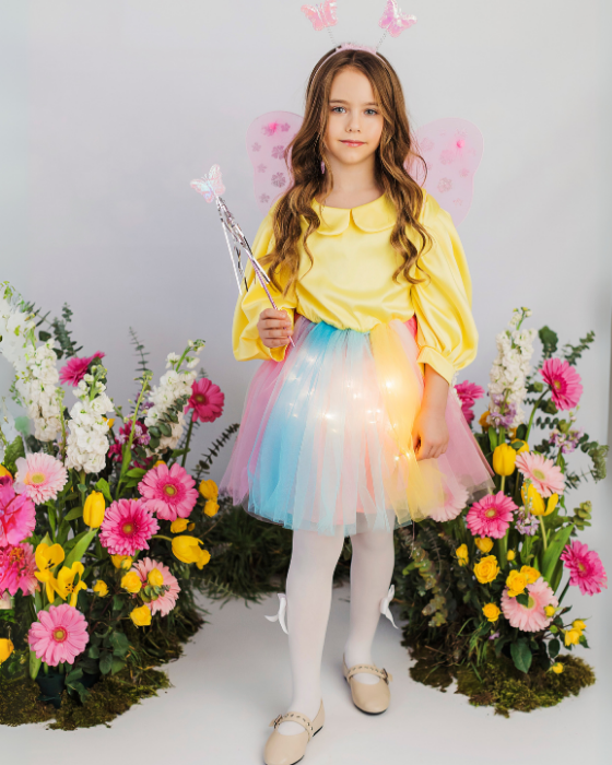 Rochița Curcubeu cu bust Galben cu Luminițe, Serbare Toamna