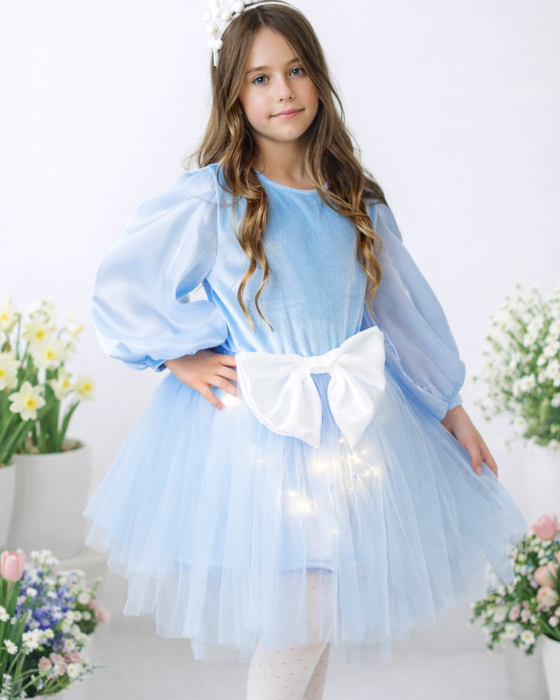 Rochiță cu Luminițe Bleu cu fundiță Albă
