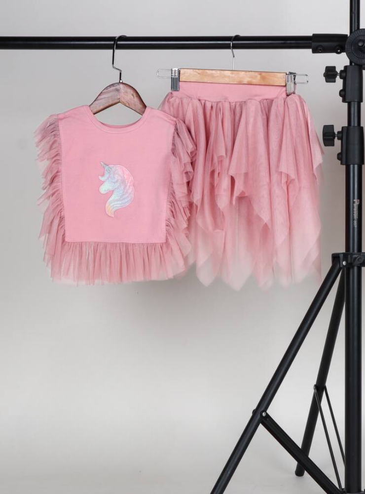 Compleu Roz Lejer și Bumbăcos, Fustiță + Bluziță, 2-3 ani (92-98 cm)