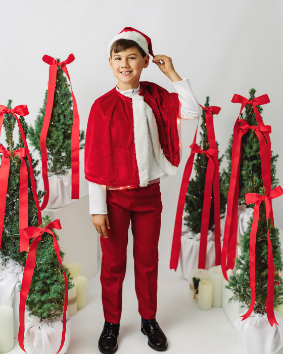 Costum Mos Craciun, Baiat 3 piese (pelerina, caciula, pantaloni)