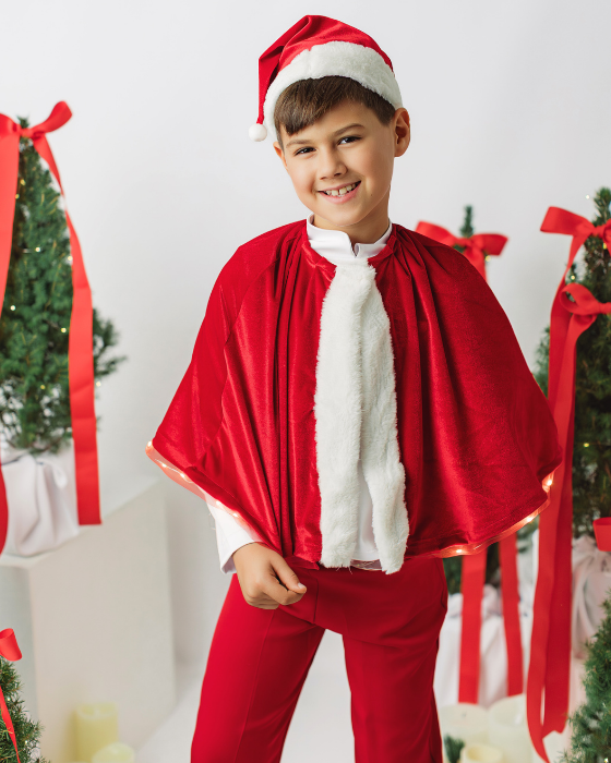 Costum Mos Craciun, Baiat 3 piese (pelerina, caciula, pantaloni)