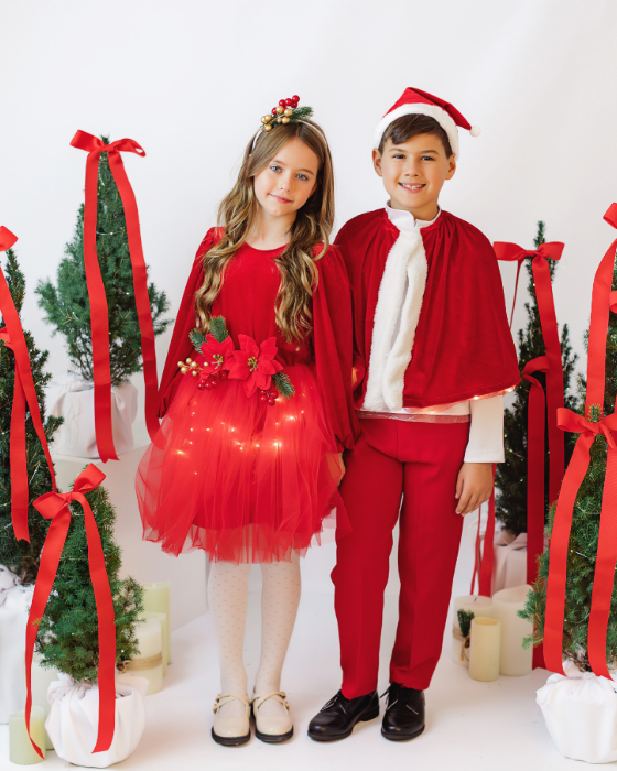 Costum Mos Craciun, Baiat 3 piese (pelerina, caciula, pantaloni)