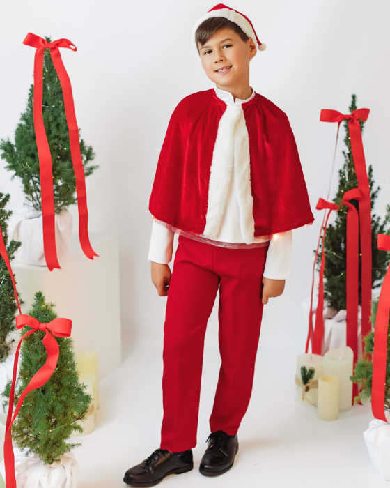 Costum Mos Craciun, Baiat 3 piese (pelerina, caciula, pantaloni)