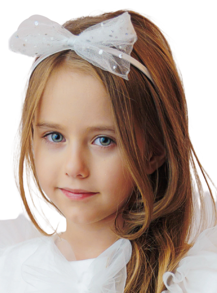 Headband with Pearls, White Tulle and Silver Glitter