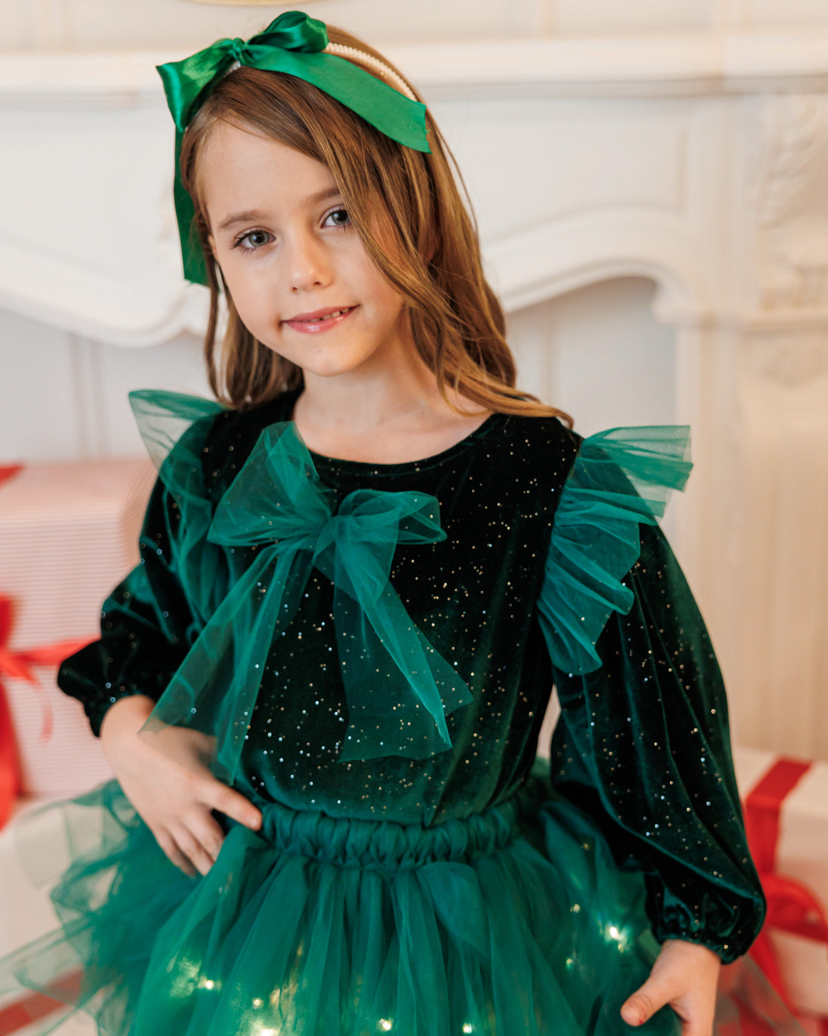 Green Glitter Velvet Puff Sleeve Blouse