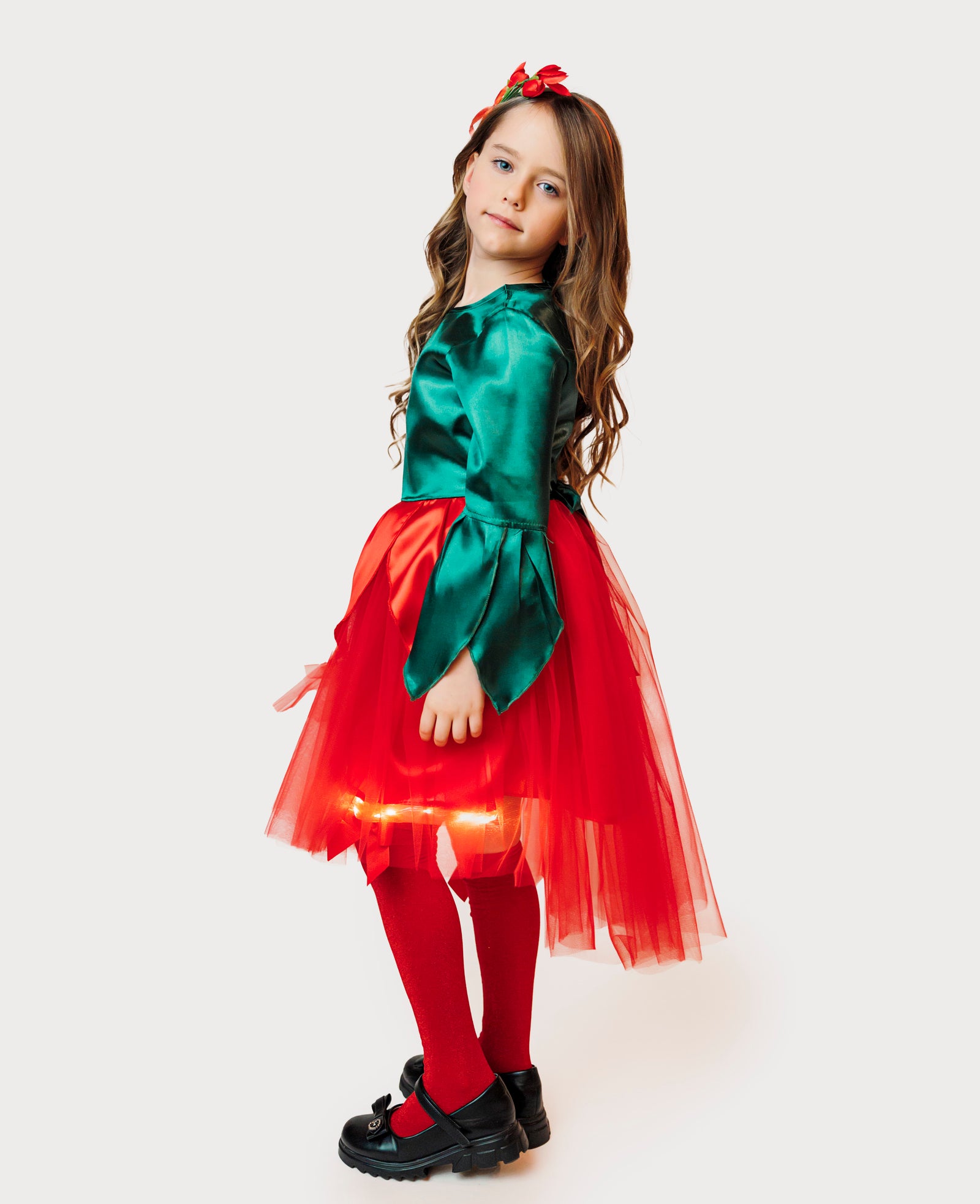 Costum cu Luminițe Floare Roșie, 2 Piese, Rochiță + Bentiță, de Primăvară, Serbare