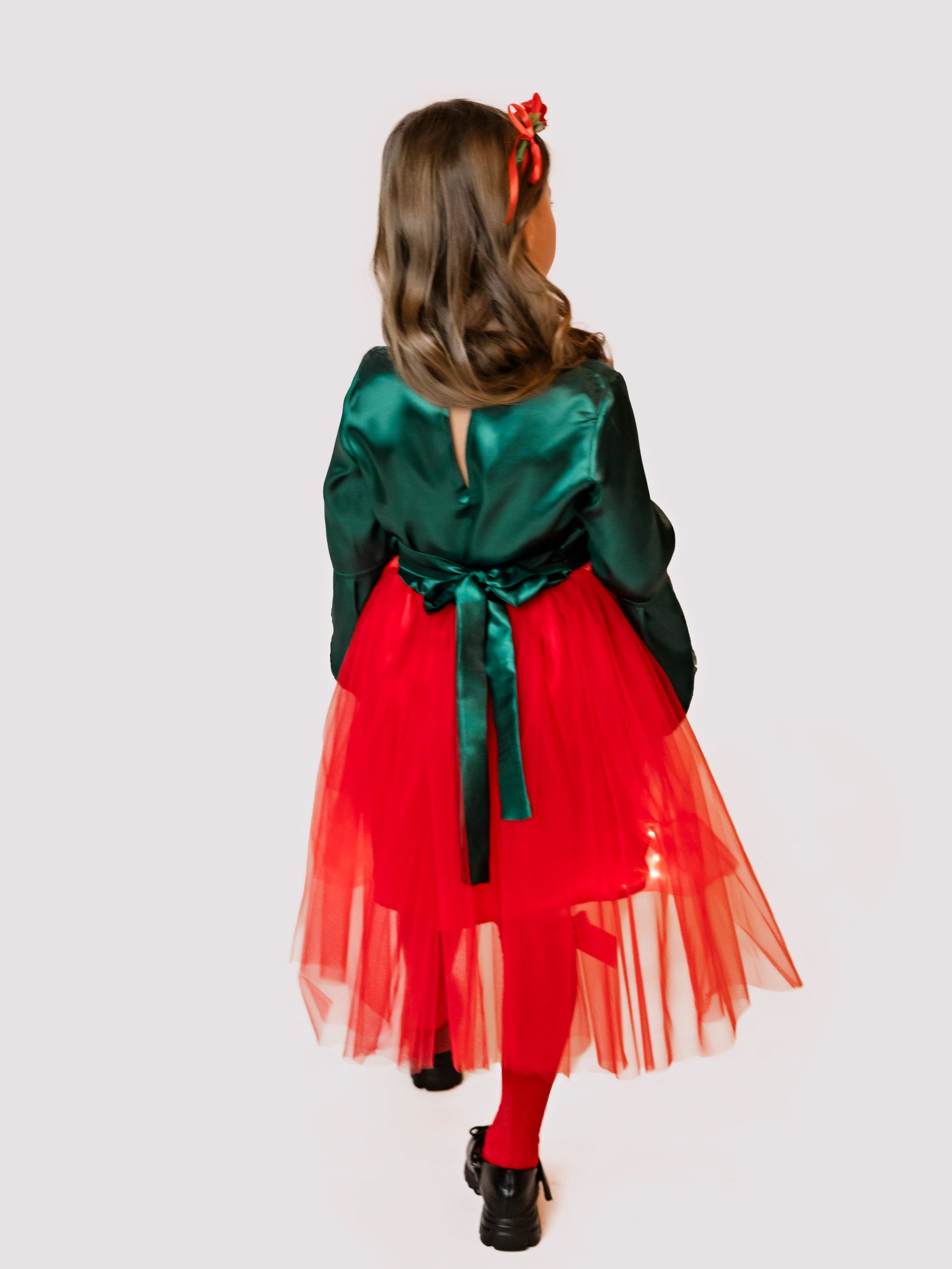 Rochița cu Luminițe Floare Roșie (Bujor/ Lalea, Trandafir), cu Trenă