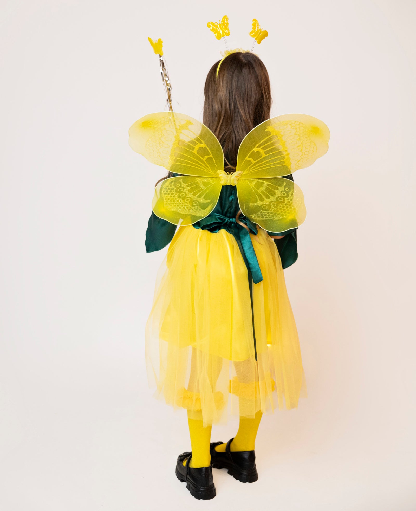 Costum cu Luminițe Floare Galbenă de Primăvară, Serbare, Păpădie, 4 Piese Rochiță + Accesorii