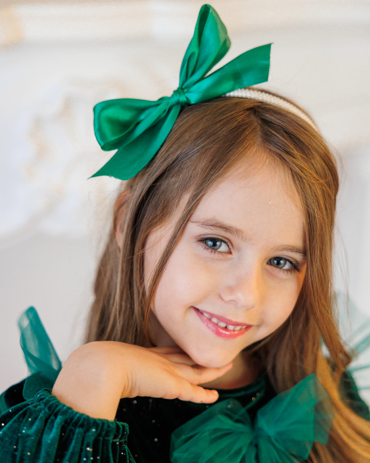 Bentiță cu Perle și Fundiță Verde de Zână Toamnei