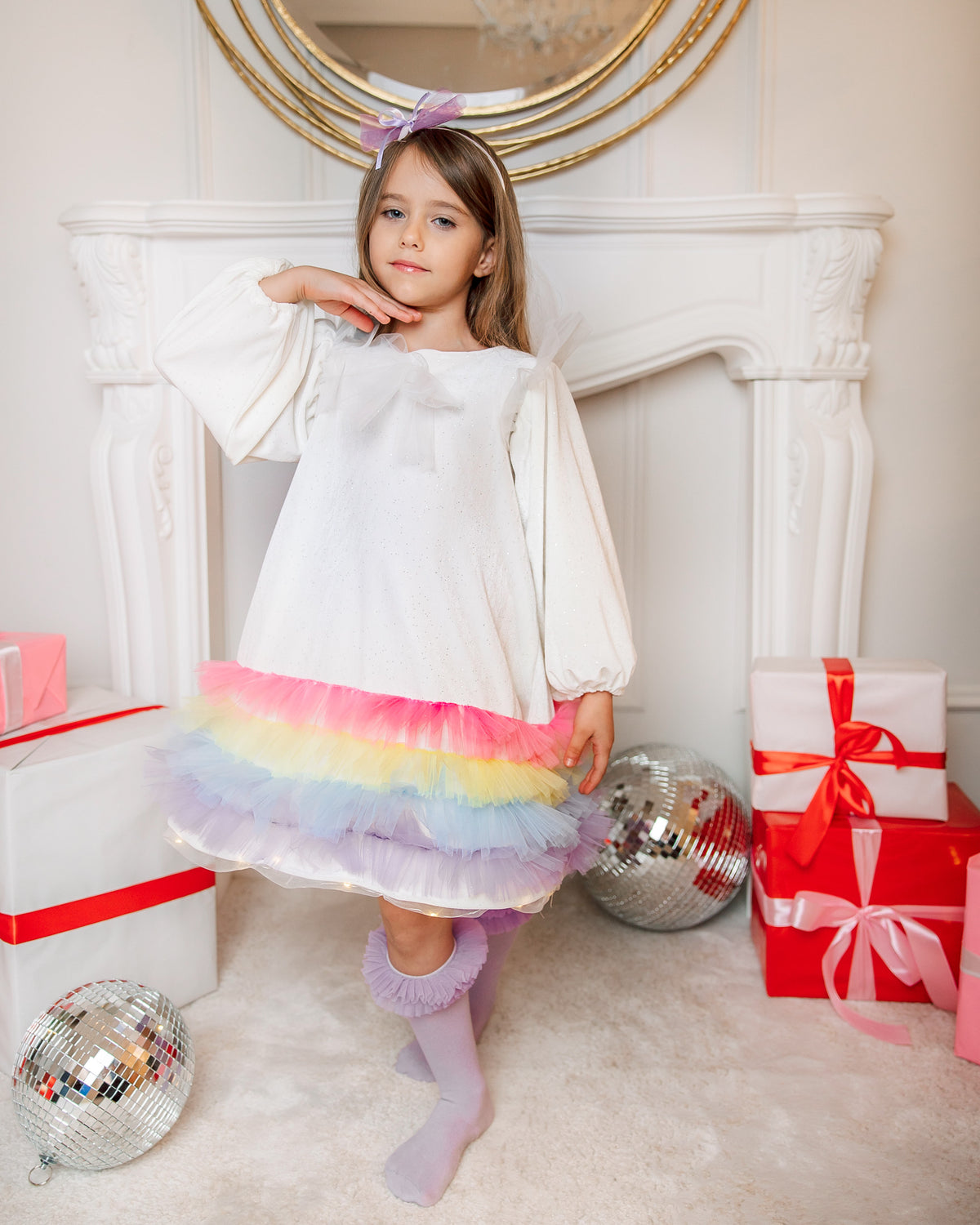 Rochița cu Luminițe Albă Curcubeu, de Catifea de Craciun cu Luminite