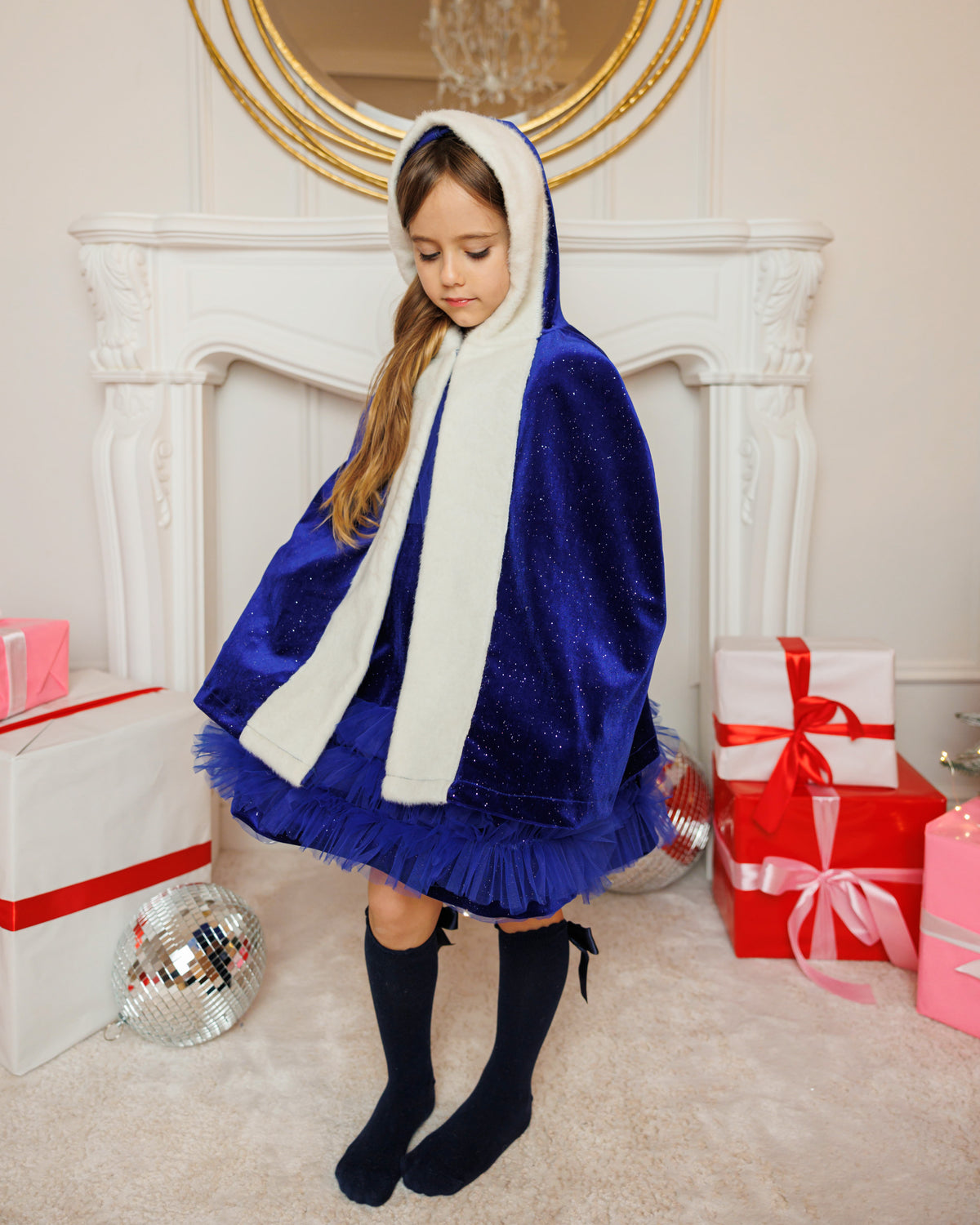 Princess Carnival Cape with Hood and Fur, Royal Blue with Glitter