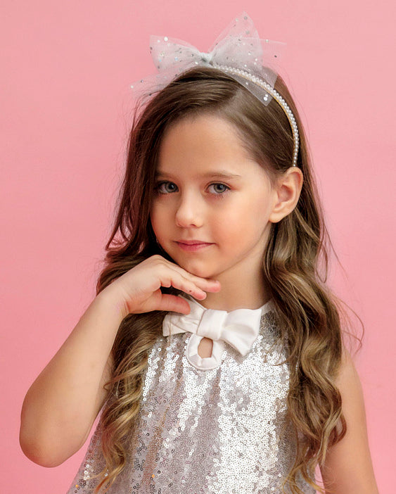 Headband with Pearls, White Tulle and Silver Glitter
