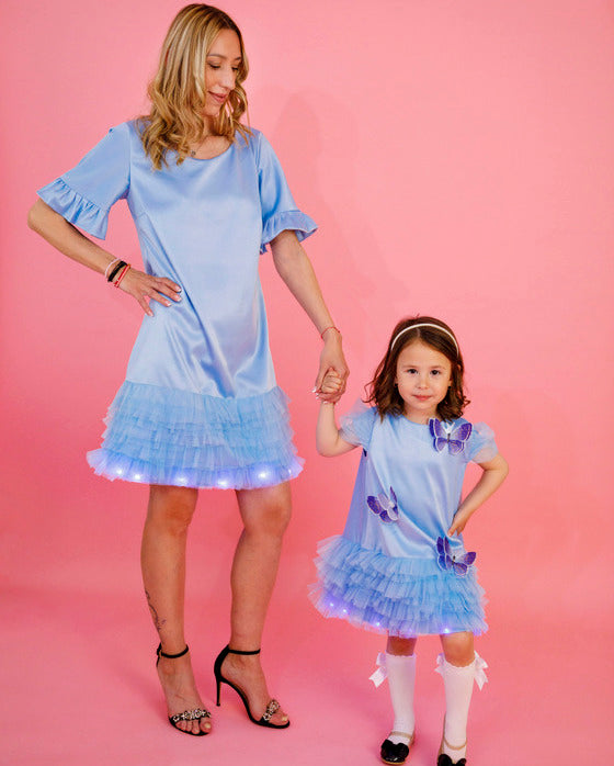 Set Mamă-Fiică, Bleu, Rochițe Fluturaș Magic cu Luminițe