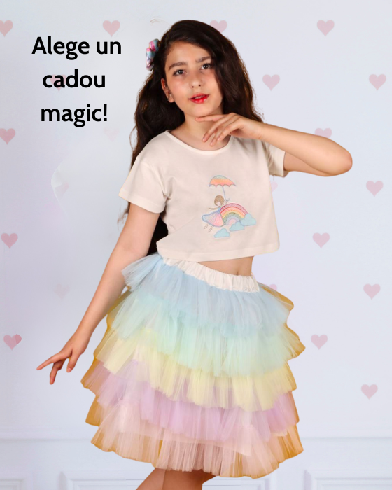 Compleu, Fustiță + Bluziță Curcubeu, Tulle si Bumbac, 10-12 ani
