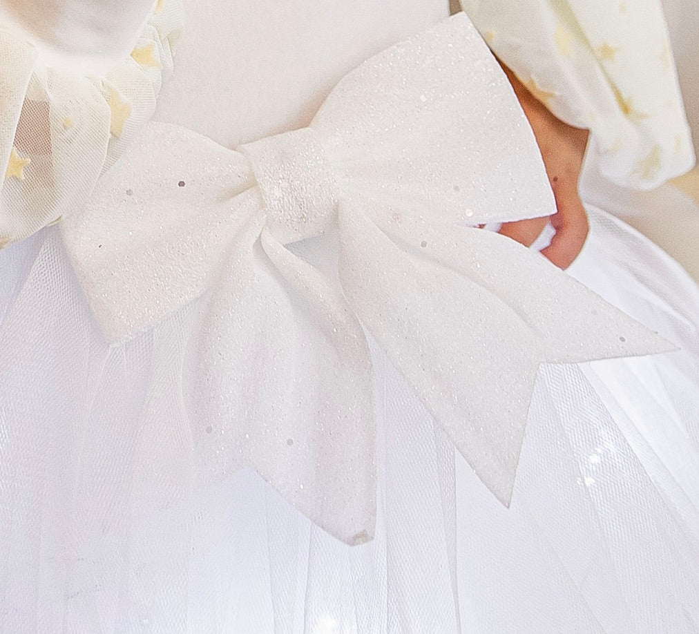 Fustița Roz, de Prințesă, cu Luminițe, Fundită Albă cu Sclipici