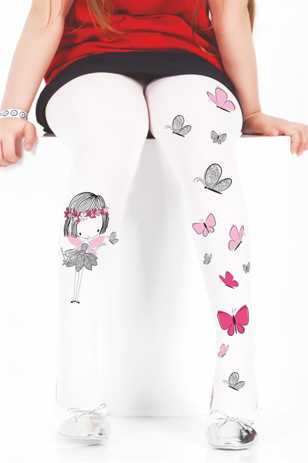 Glitter Butterfly Tights, White-Pink