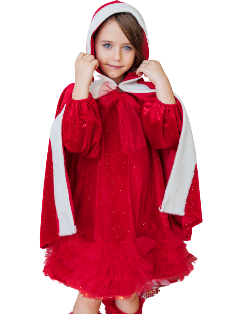 Hooded Cape with Fur Trim, Red with Glitter