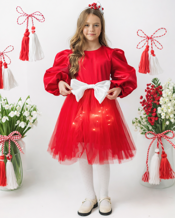 Rochiță cu Luminițe roșie cu fundiță Albă, de Martisor