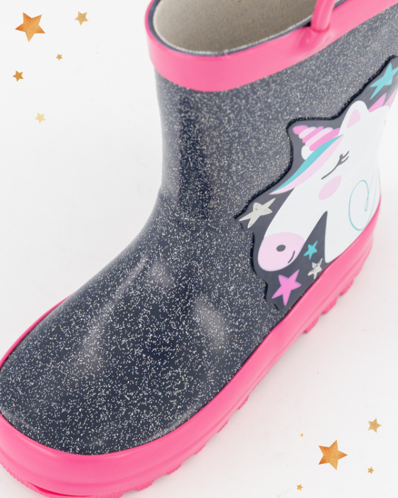 Cizmulițe Unicorn de Cauciuc, Glitter Argintiu și Steluțe, 30