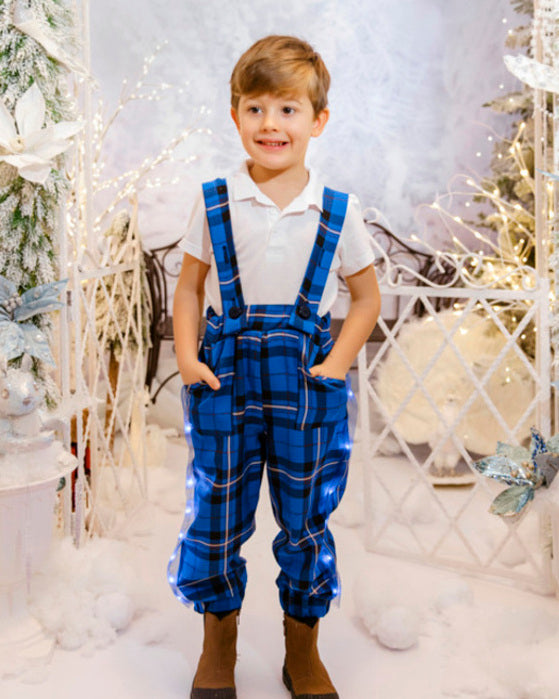 Pantaloni cu Led-uri, Bleumarin cu Carouri cu Bretele Ajustabile, de Craciun, de baieti