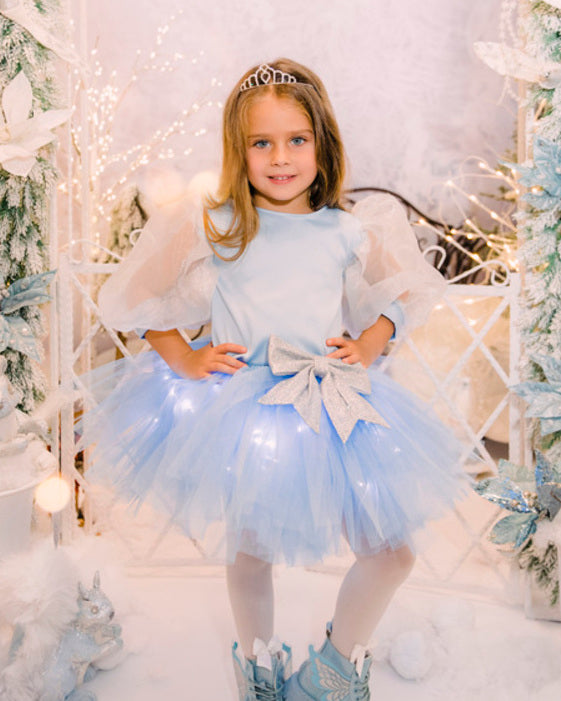 Compleu Bleu, Fustiță + Bluziță + Diademă, Cu Luminite de Printesa